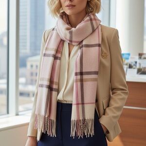 Lord & Taylor Pink and Cream plaid fringe scarf new